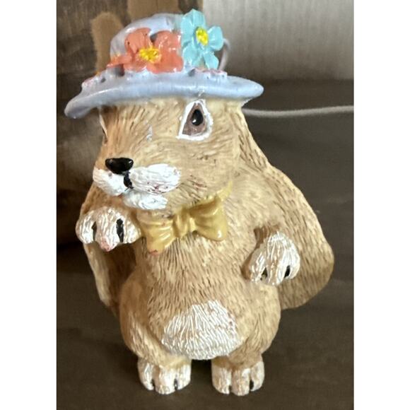 Vintage Easter Bunny Figurines Set Boy Girl Floral Hats Resin Spring Decor - Picture 5 of 6